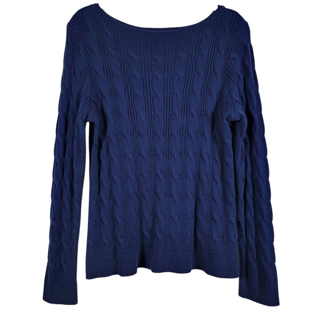 Lauren Ralph Lauren Womens Blue Cotton Boat Neck Cable Knit Pullover Sweater XL